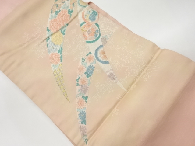 リサイクル　芝草・花に蝶・古典柄模様織出し名古屋帯